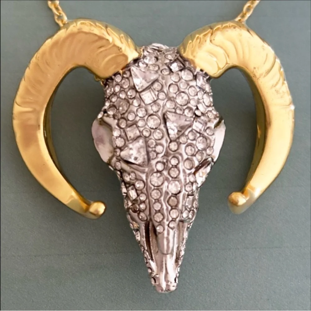 ALEXIS BITTAR Silver Gold Western Crystal Ram Head Skull Horn Necklace